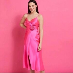 NWT Savida Pink Satin Floral 3D Rosette Midi Slip Dress Barbiecore Coquette